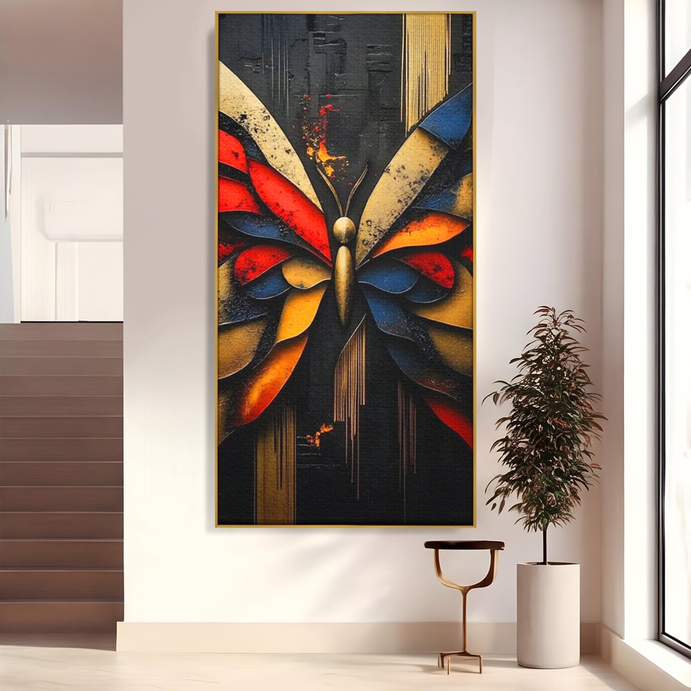 Tablou canvas cu tablou canvas cu fluture abstract, in rama de aluminiu auriu